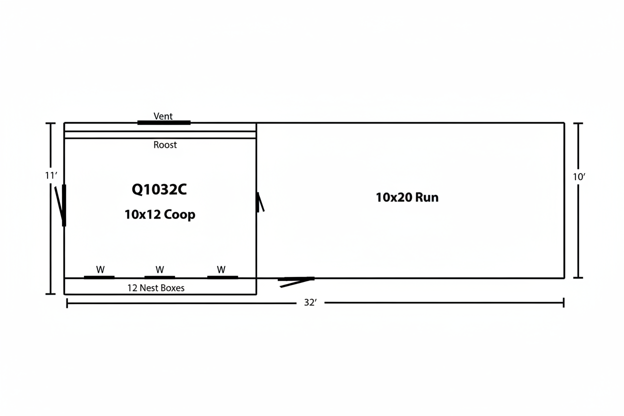 Overhead floor plan of a 10x32 Quaker Combination coop showing a 10x12 interior coop area and a 10x20 integrated outdoor run.