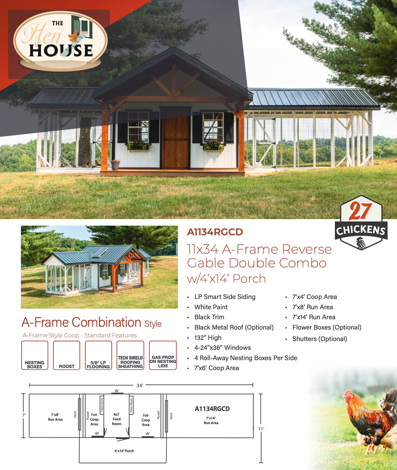 A1134RGCD 11x34 A-Frame reverse gable double combo chicken coop with 4x14 porch and dual outdoor runs
