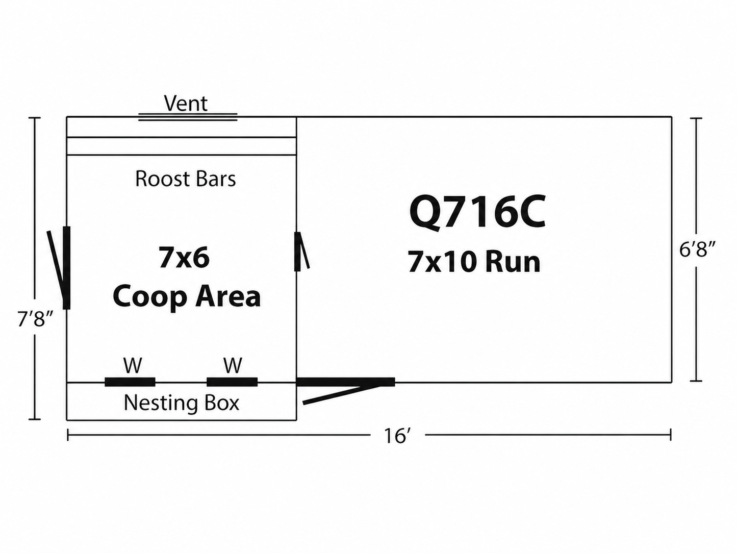 Chicken coop plan diagram labeled Q716C showing 7x6 coop area and 7x10 run