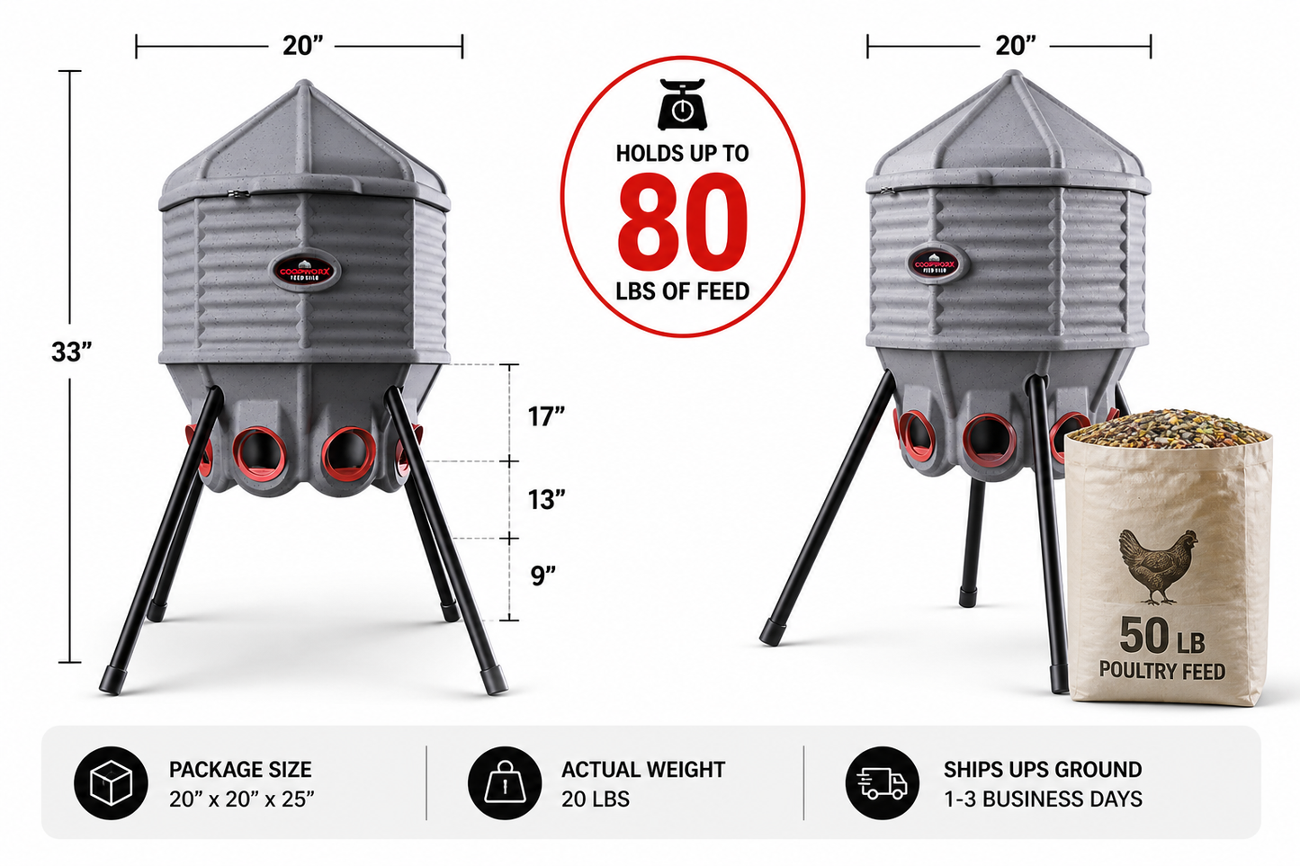CoopWorx feed silo holding up to 80 pounds of chicken feed with packaging details