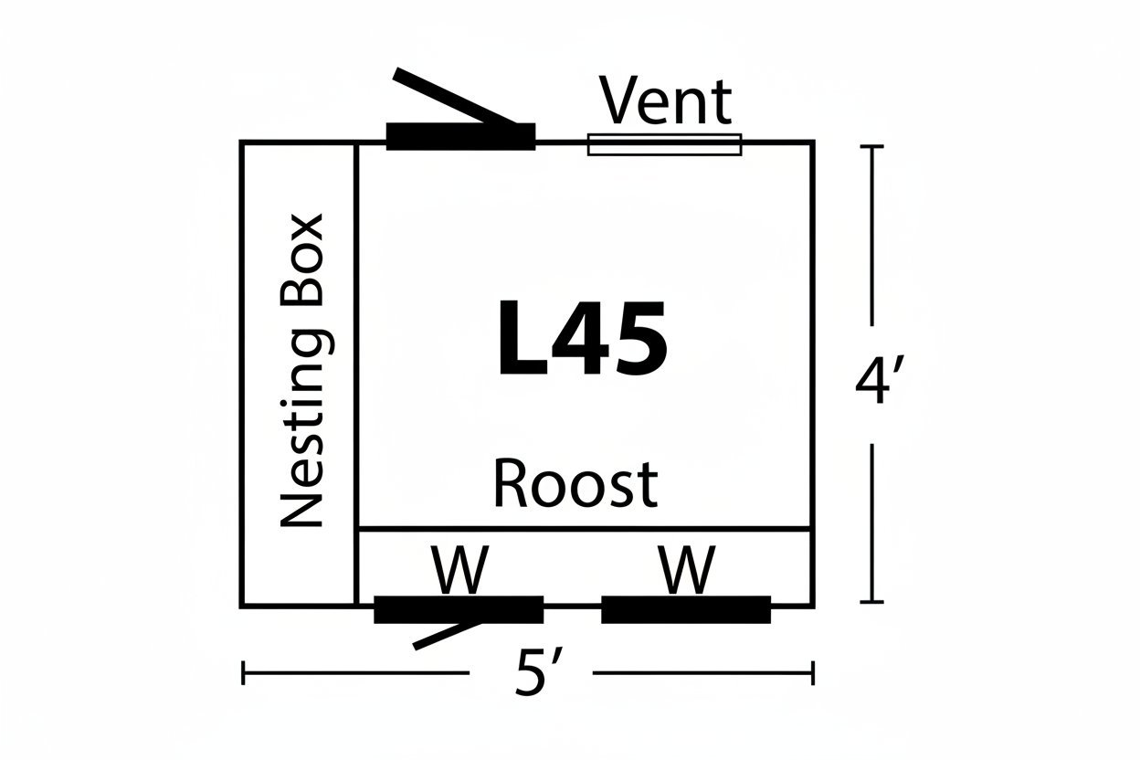 L45 chicken coop floor plan showing nesting box, roost area, vents, windows, and overall dimensions