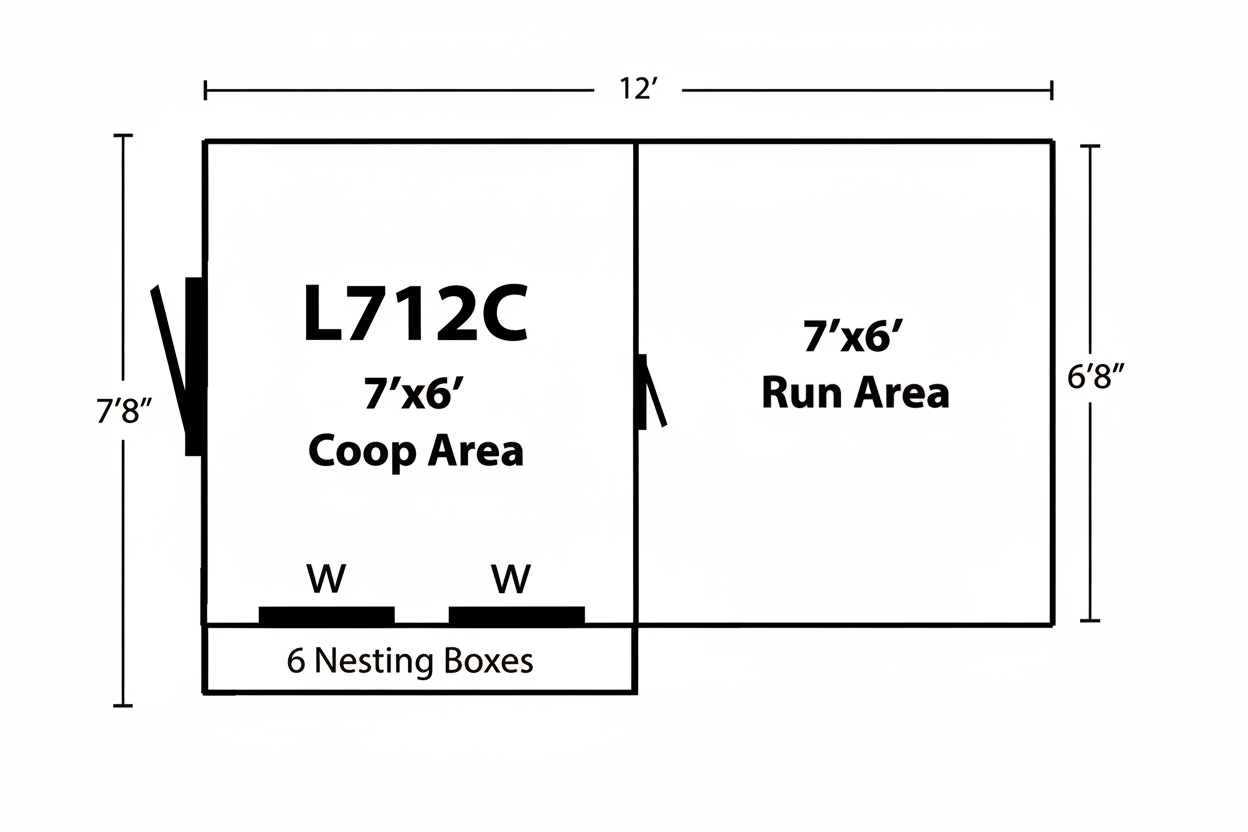 Blueprint of the L712C chicken coop showing overall dimensions coop area and run measurements