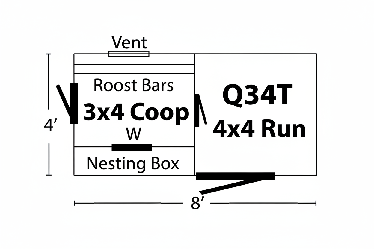 Q34T chicken coop blueprint showing 3x4 coop area 4x4 run roost bars nesting box and dimensions