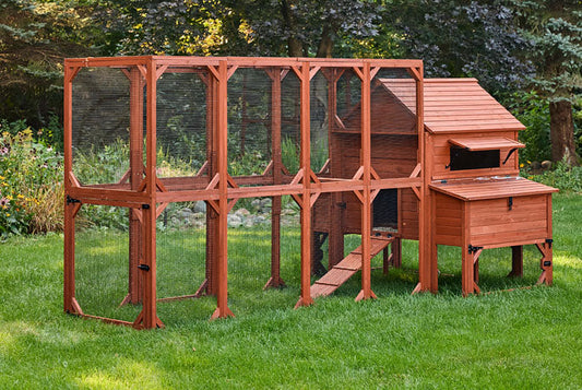 Rhode Island Homestead hen house and run assembled in a backyard garden setting showing natural wood finish and full run enclosure