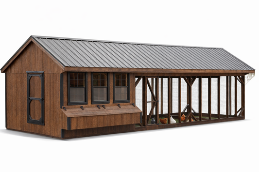 10x32 walk-in Quaker chicken coop with enclosed run designed for up to 40 chickens