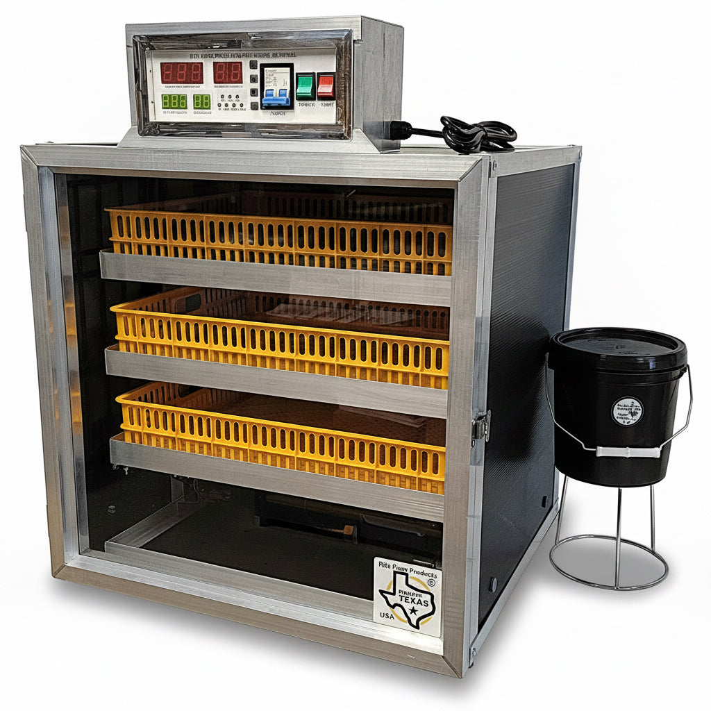 Egg incubator with yellow trays and digital control panel on a white background