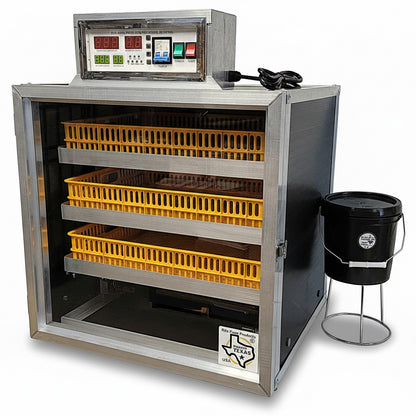 Egg incubator with yellow trays and digital control panel on a white background