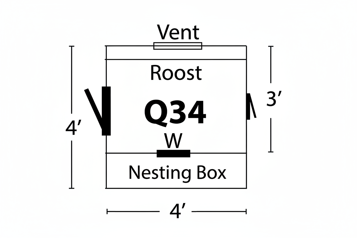 Blueprint and technical overview for the Q34 3x4 Quaker Chicken Coop. The graphic includes a 3'x4' floor plan showing the placement of the roost, vent, and window. It lists specifications such as a 4-chicken capacity, LP® Siding, 70-inch total height (14 inches off the ground), four nesting boxes, and a 12"x18" window. Additional standard features shown include Tech Shield roofing sheathing, 5/8" LP flooring, and gas props on the nesting lids.