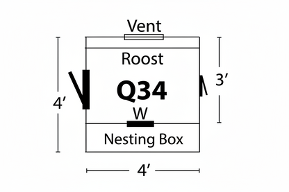 Blueprint and technical overview for the Q34 3x4 Quaker Chicken Coop. The graphic includes a 3'x4' floor plan showing the placement of the roost, vent, and window. It lists specifications such as a 4-chicken capacity, LP® Siding, 70-inch total height (14 inches off the ground), four nesting boxes, and a 12"x18" window. Additional standard features shown include Tech Shield roofing sheathing, 5/8" LP flooring, and gas props on the nesting lids.