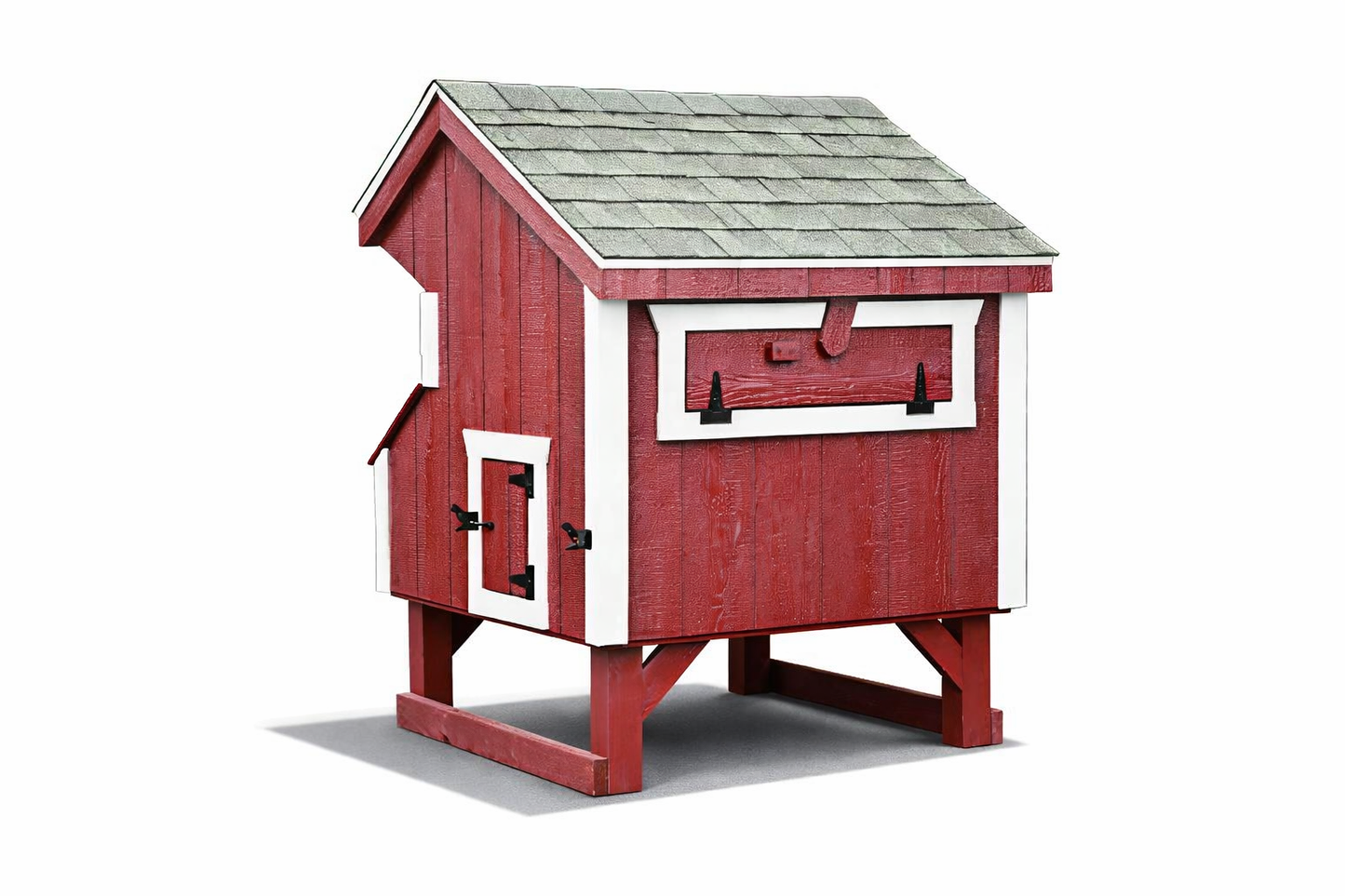 Rear view of a 3x4 Amish-built Quaker chicken coop in red with white trim, featuring an elevated base and asphalt shingle roof.