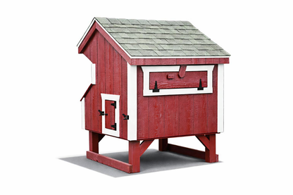 Rear view of a 3x4 Amish-built Quaker chicken coop in red with white trim, featuring an elevated base and asphalt shingle roof.