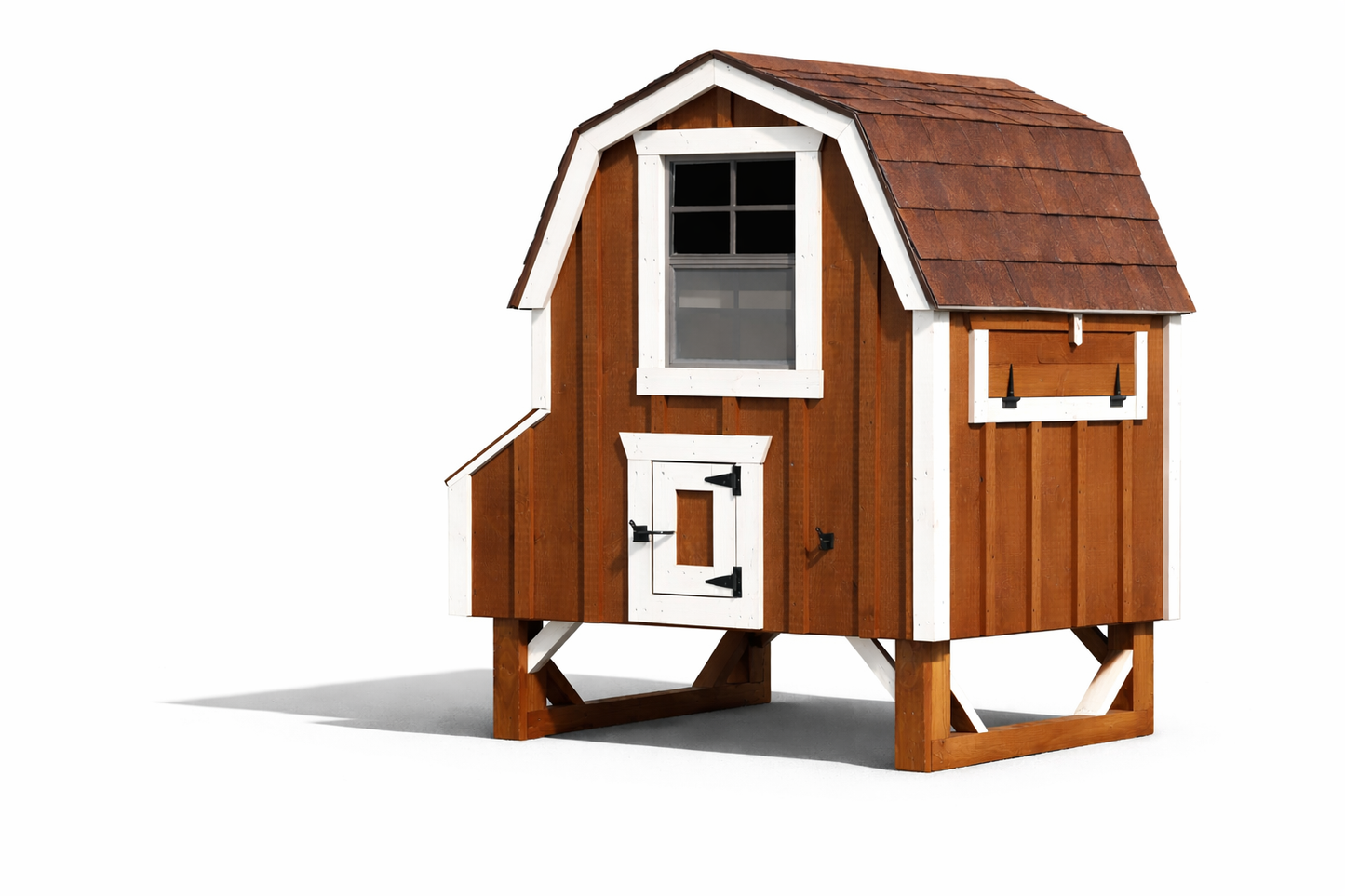 Front view of a 4x4 Dutch chicken coop in a rich brown finish with white trim and a shingled gambrel roof.