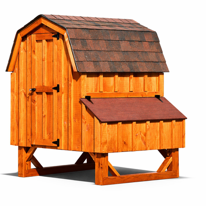 Rear view of a 4x4 Dutch chicken coop featuring a gambrel roof, cedar-stained wood, and an attached nesting box with a hinged lid.