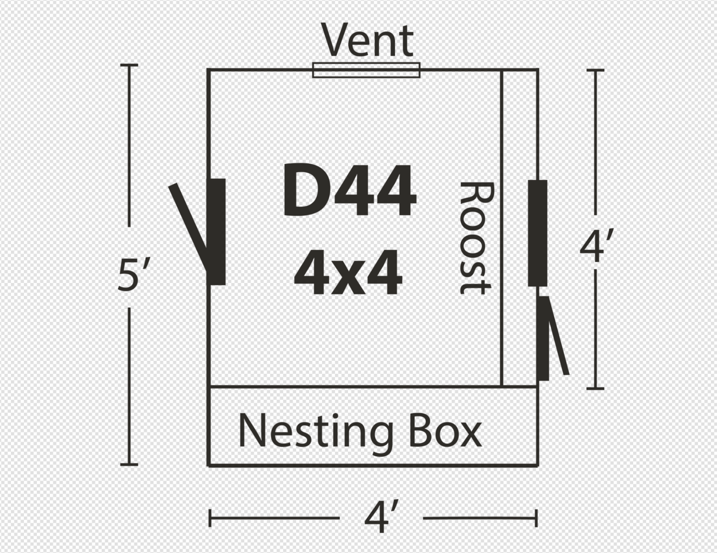 Overhead floor plan of a 4x4 Dutch chicken coop showing the layout of the nesting boxes, roosting bars, and interior walking space.