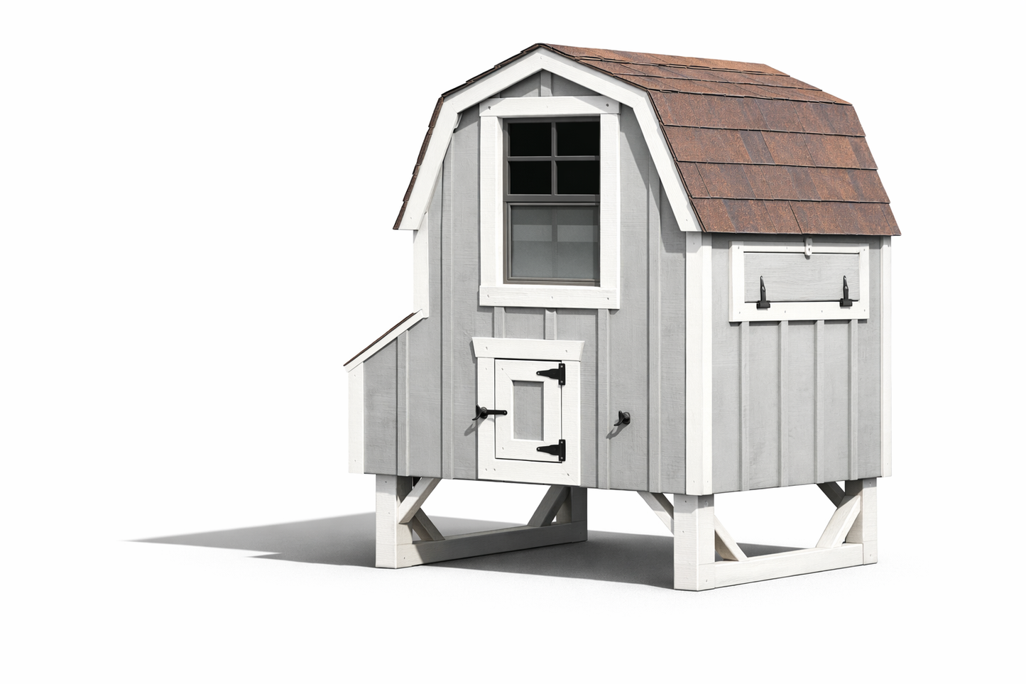 Front view of a 4x4 Dutch style chicken coop in modern gray with white trim, featuring a gambrel roof and front window.