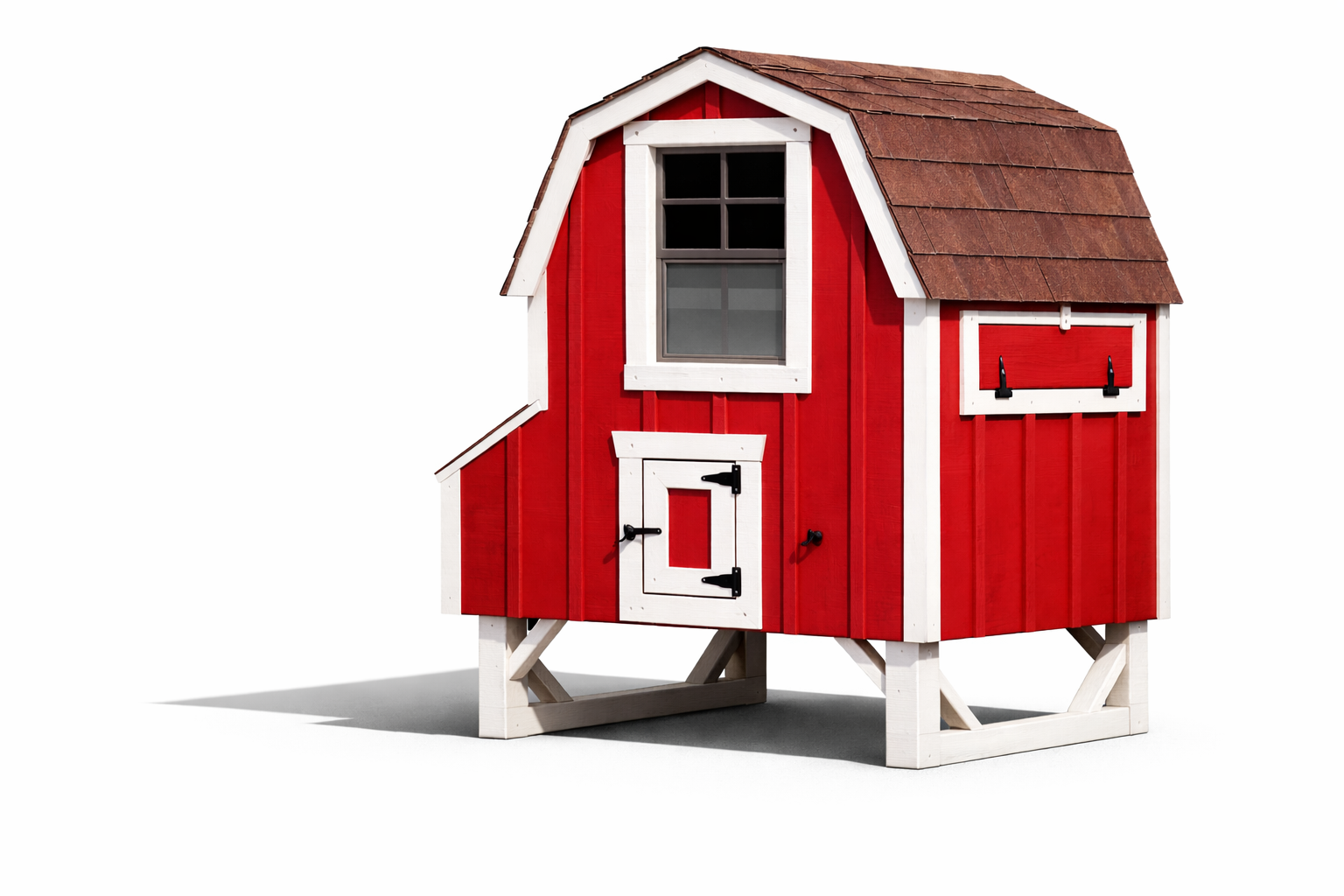 Front view of a red and white 4x4 Dutch chicken coop with a gambrel roof, a central viewing window, and a small chicken access door.