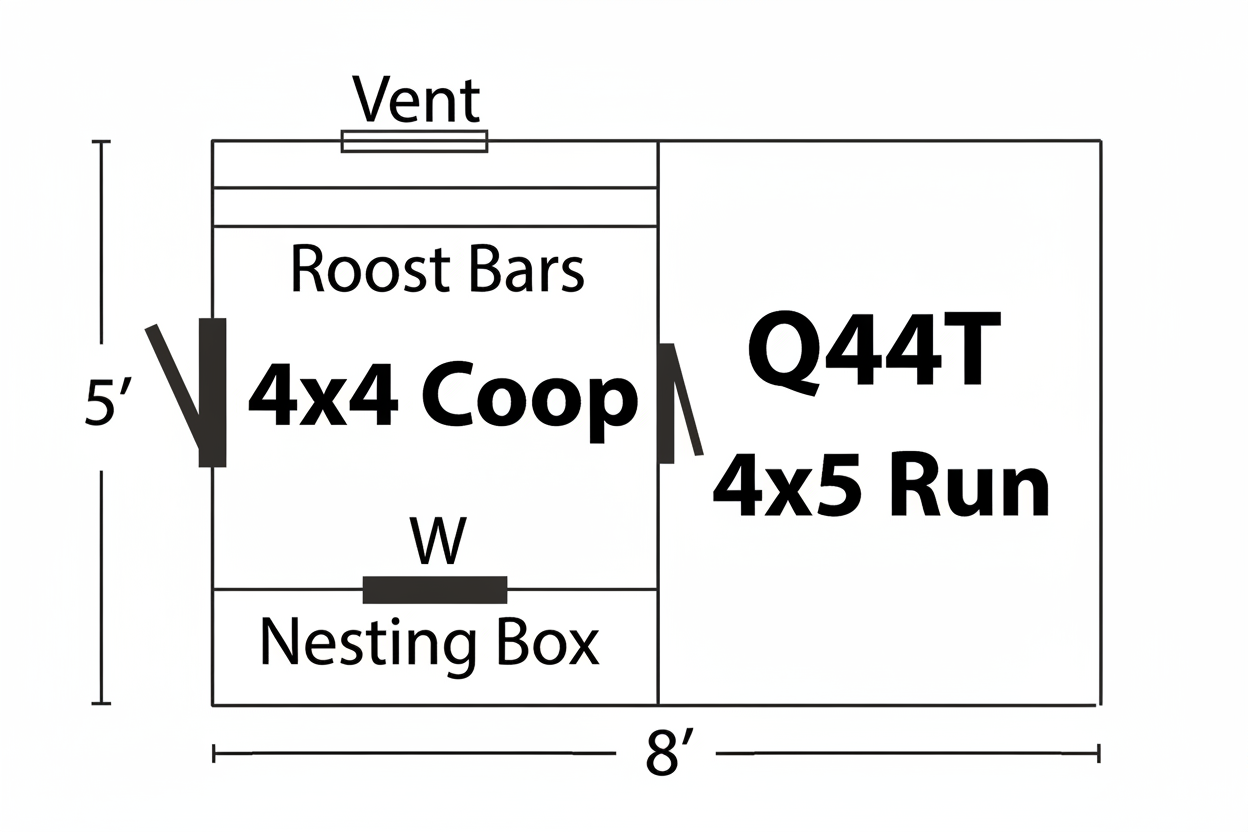 Technical blueprint and floor plan for the 4x4 Tractor Chicken Coop. The diagram shows the overhead layout including a 4'x4' interior hen house and an attached 4'x5' wire run, totaling a 4'x9' footprint. Key dimensions listed include a 73-inch total height, 48-inch width, and the placement of the four nesting boxes, roosting bar, and 12"x18" window. The drawing highlights the mobility features with wheel and handle placements for easy relocation.