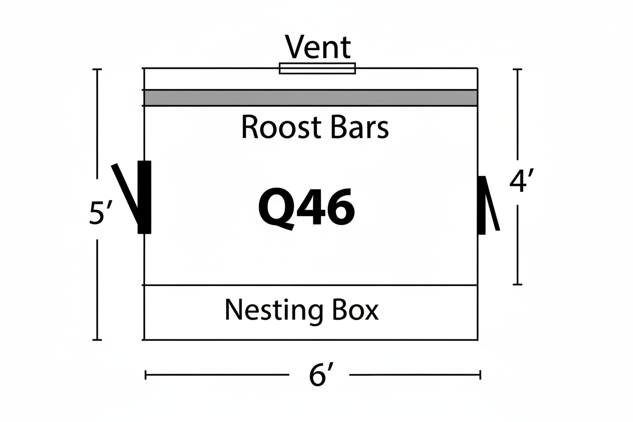 Detailed blueprint and floor plan for a 4x6 Quaker chicken coop, showing the interior dimensions, roosting bar placement, and nesting box layout.