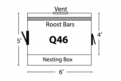 Detailed blueprint and floor plan for a 4x6 Quaker chicken coop, showing the interior dimensions, roosting bar placement, and nesting box layout.