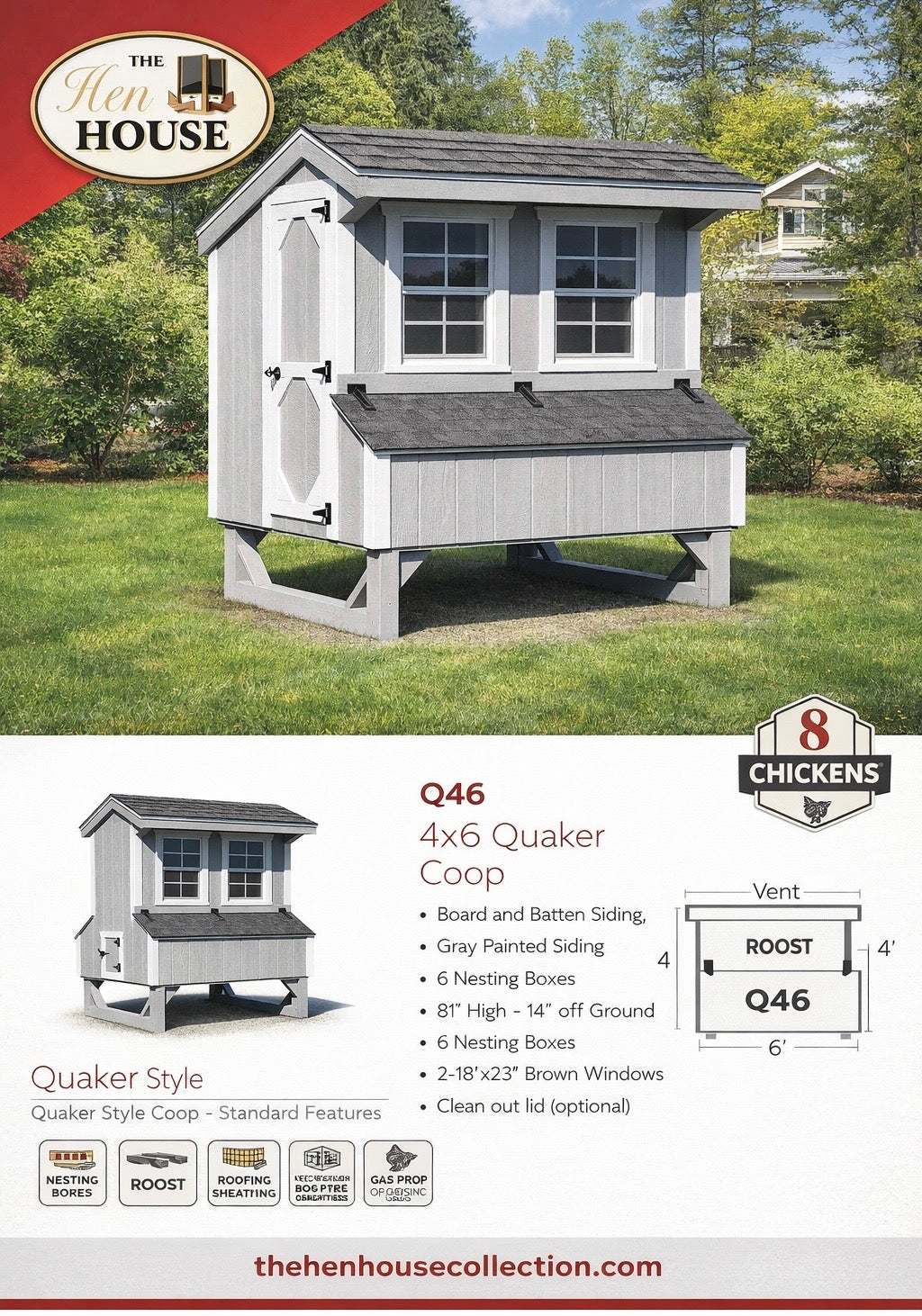 Technical spec sheet for the 4x6 Quaker chicken coop, listing dimensions, materials, and standard features for a flock of 6-8 chickens.