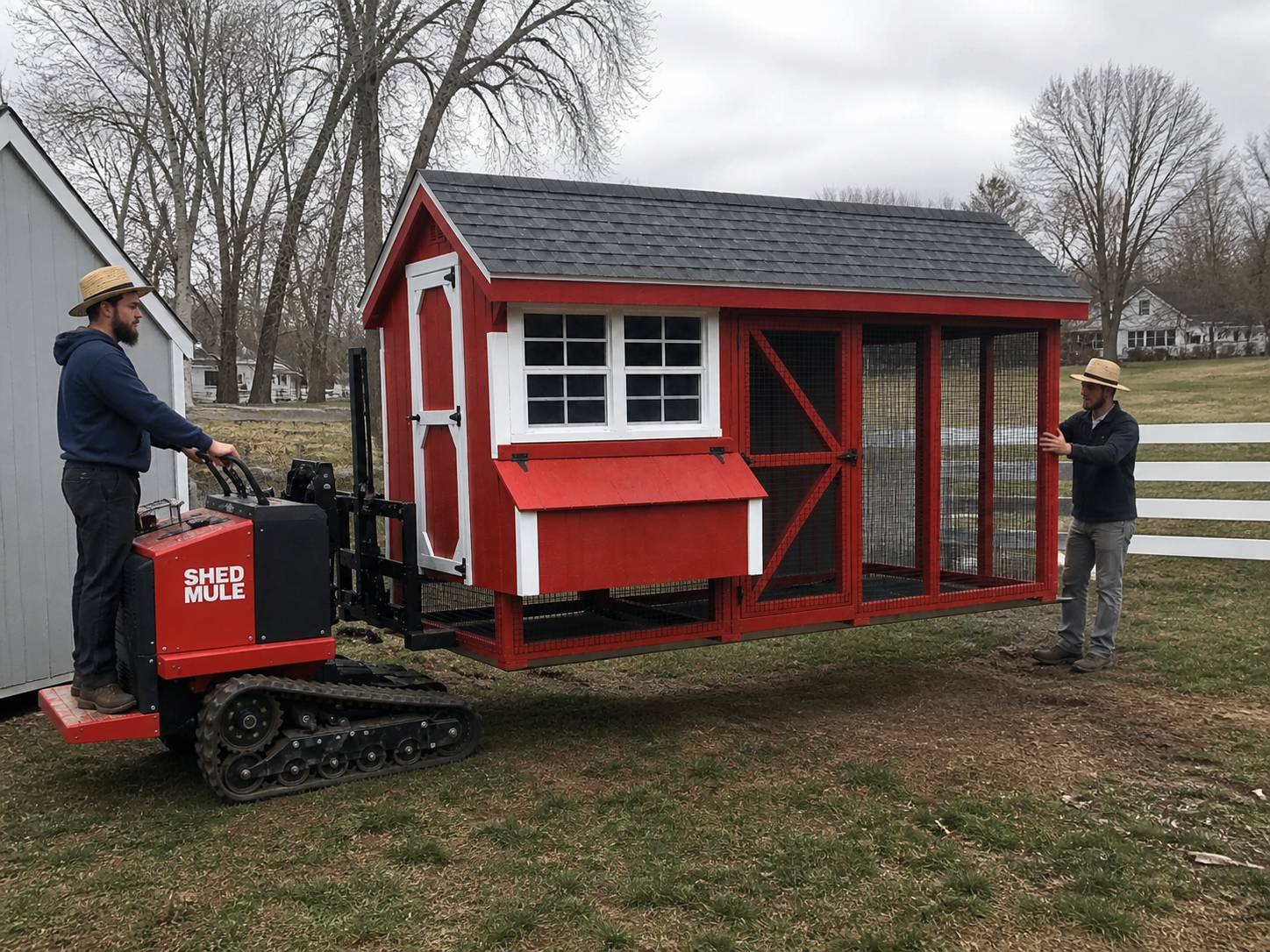 Amish-built 6x10 chicken coop being delivered and placed in backyard using shed mule with workers guiding setup