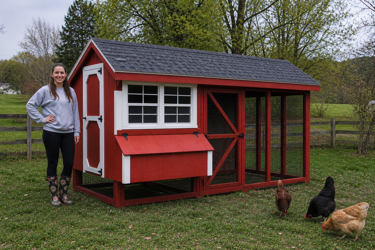 Large 6x10 chicken coop with walk-in run in backyard with person standing next to it for size reference