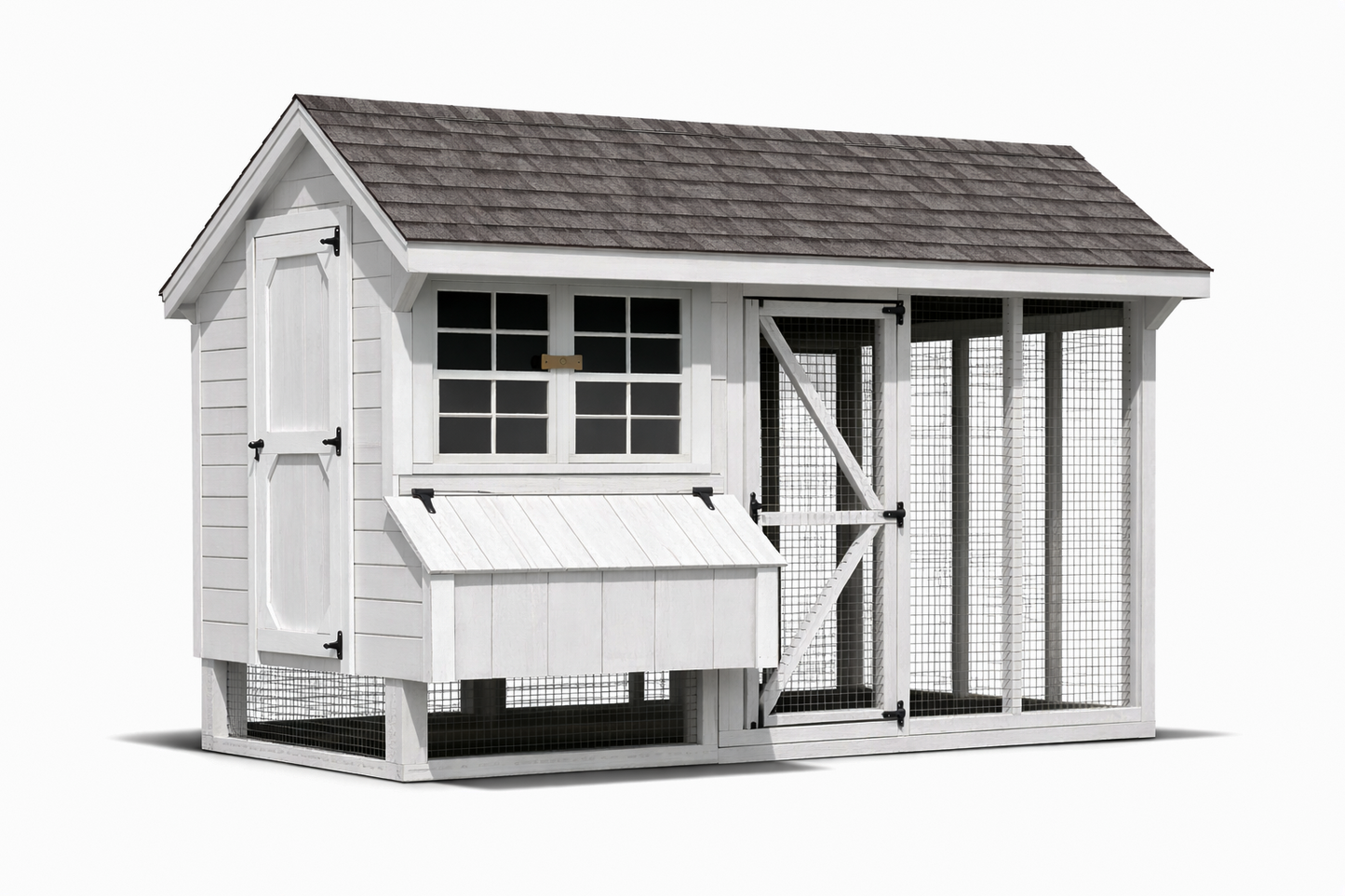 A 6x10 Quaker combo hen house showing the elevated wooden coop area with a nesting box bank, two screened windows, and an attached predator-proof wire mesh run with a gabled roof.