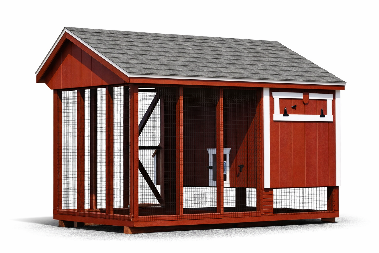 Rear view of a 6x10 Quaker combination chicken coop painted in traditional Barn Red with white trim, showcasing the solid wood siding and gabled roofline.