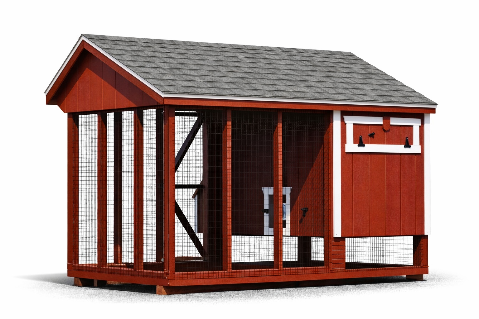 Rear view of a 6x10 Quaker combination chicken coop painted in traditional Barn Red with white trim, showcasing the solid wood siding and gabled roofline.