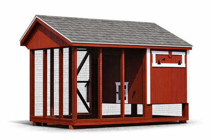 Rear view of a 6x10 Quaker combination chicken coop painted in traditional Barn Red with white trim, showcasing the solid wood siding and gabled roofline.