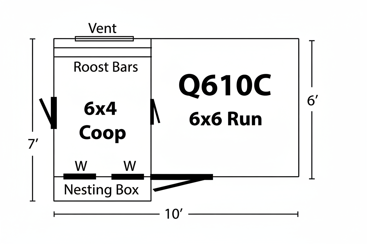Detailed blueprint and floor plan for a 6x10 Quaker combination chicken coop, showing the interior hen house dimensions and the attached exterior run area.