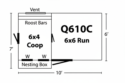 Detailed blueprint and floor plan for a 6x10 Quaker combination chicken coop, showing the interior hen house dimensions and the attached exterior run area.