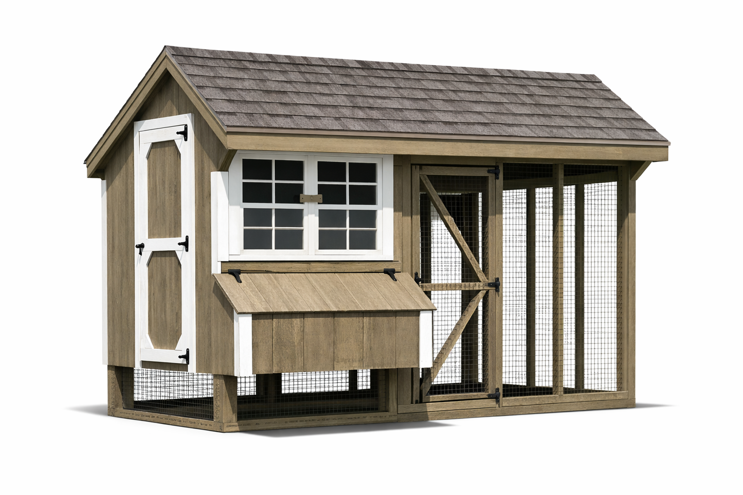 A rustic 6x10 Quaker combo hen house featuring a dark-stained wood exterior, integrated wire mesh run, exterior nesting box access, and two white-trimmed windows.