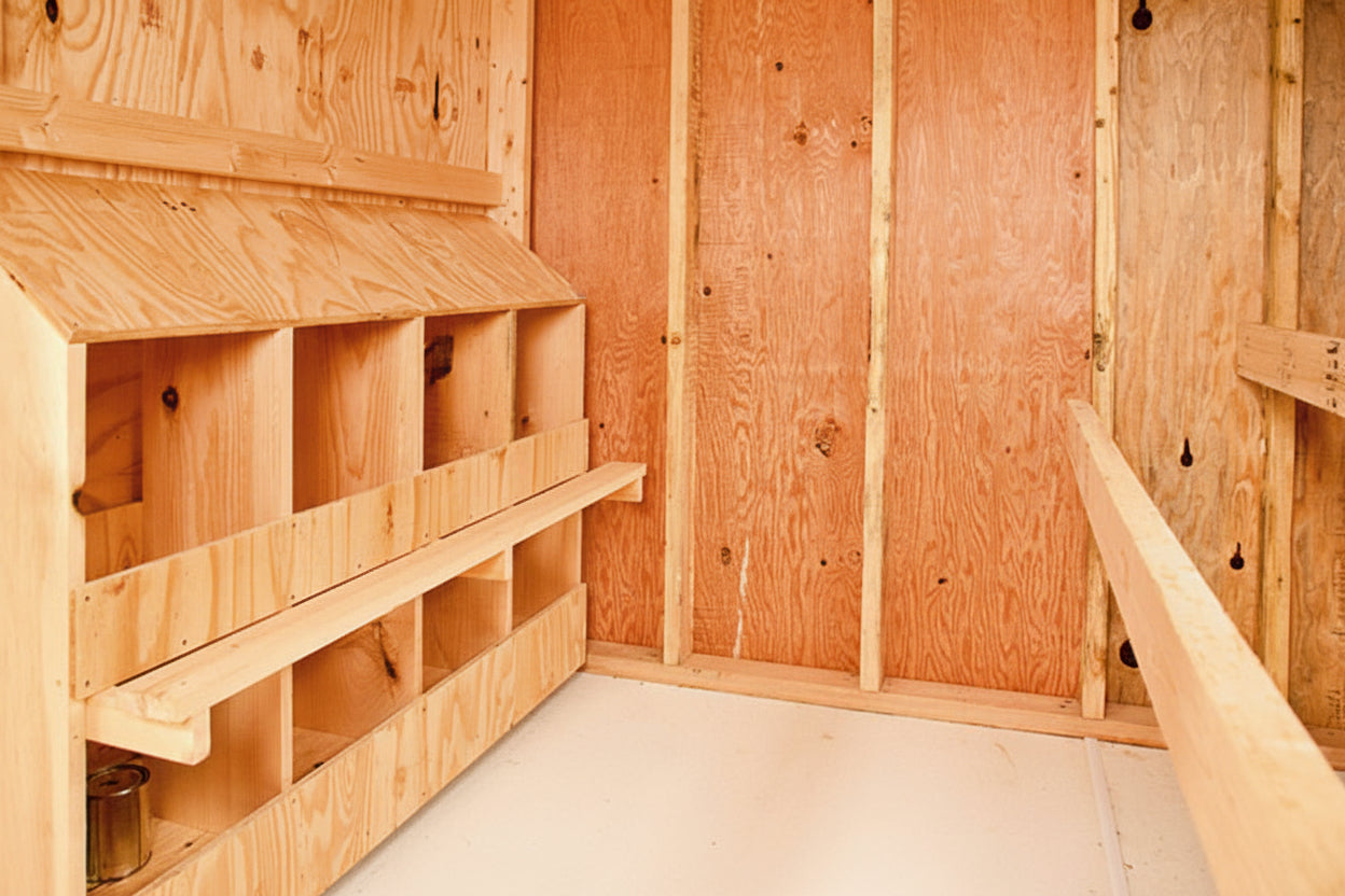 Interior view of a 6x10 Quaker combination chicken coop showing the sturdy wooden roosting bars and spacious hen house area.