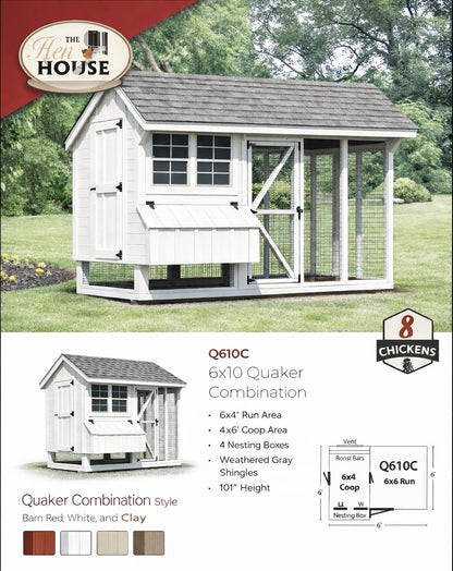 Feature sheet for the 6x10 Quaker Combo showing a 4x6 elevated hen house and a 6x6 integrated wire run. Lists include 6 nesting boxes, two 18x24 windows, and a 5/8 inch LP flooring system.