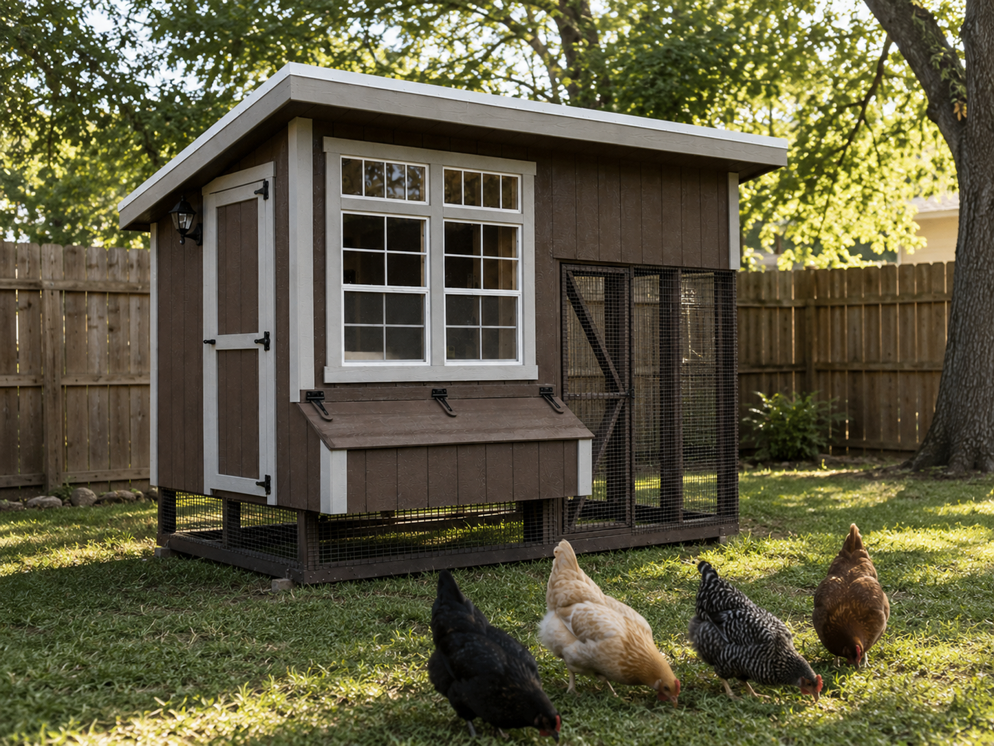 7x12 brown wooden chicken coop with white trim and attached run in a sunny backyard with chickens foraging on the grass.