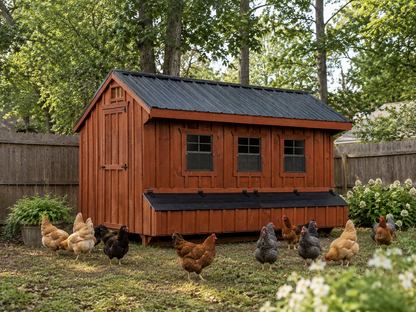 7x12 cedar-stained Quaker chicken coop with black metal roof in a backyard with chickens roaming nearby
