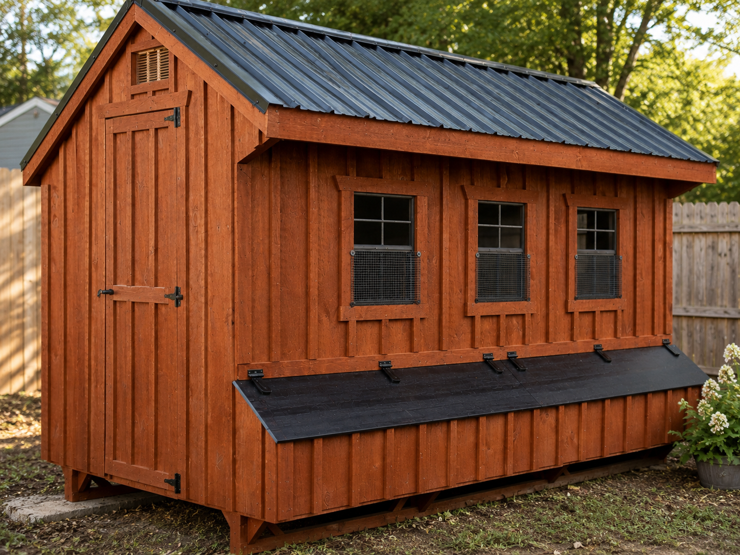 Close-up of 7x12 cedar-stained Quaker chicken coop showing black metal roof, windows, nesting box, and wood siding details