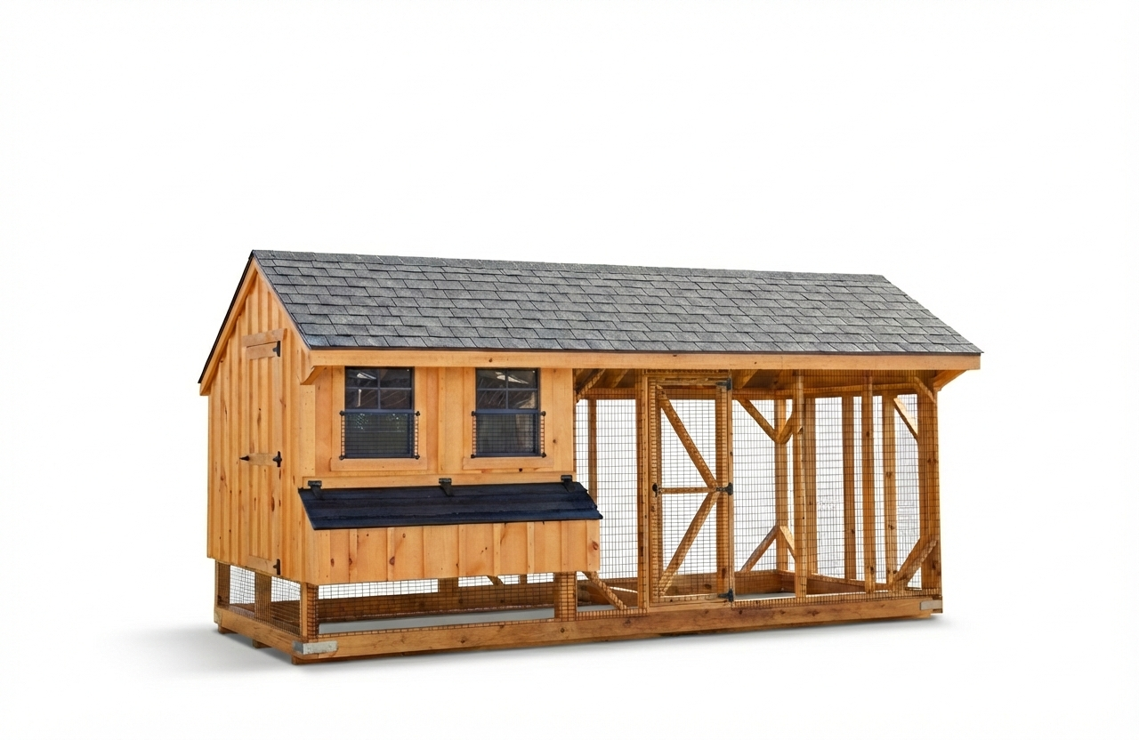 7x16 Quaker Combination Chicken Coop with Board and Batten siding and attached run, Amish-built for 12-15 chickens.