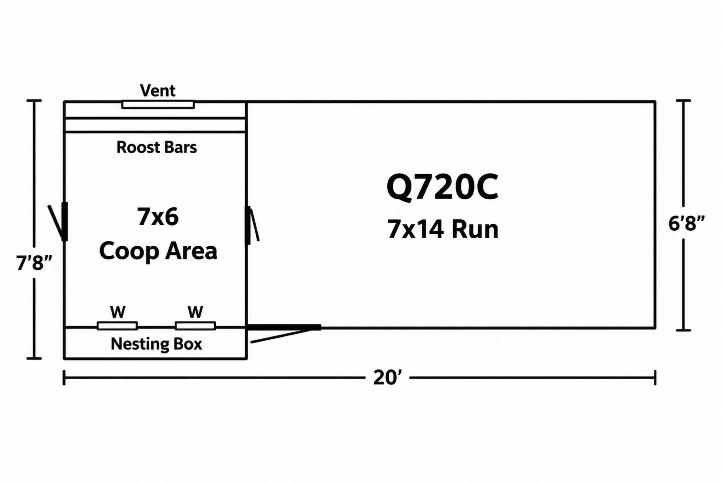 Floor plan diagram for Q720C 7x20 chicken coop showing 7x6 coop area, 7x14 run, nesting box, roost bars, vent, and dimensions.