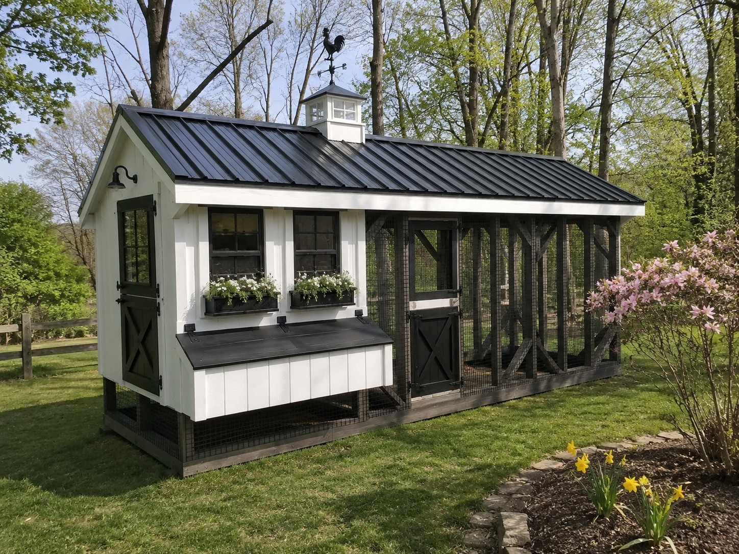 7x20 custom chicken coop placed in a spring backyard with white LP siding, black metal roof, flower boxes, Dutch doors, cupola, and wire run.