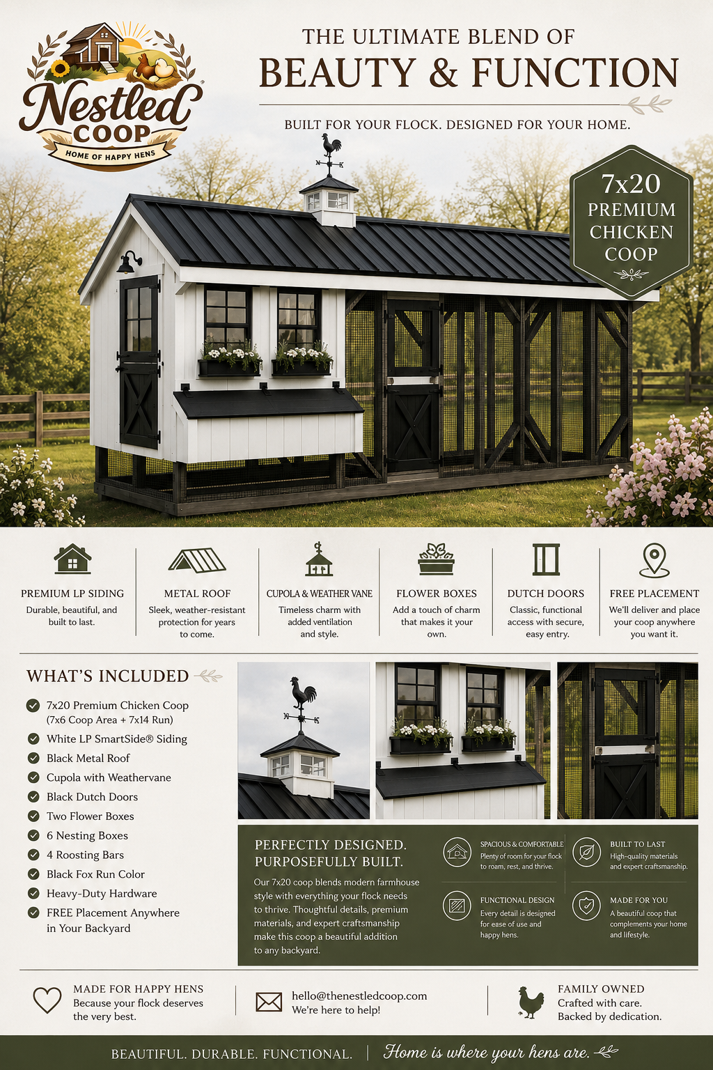 Premium feature sheet for 7x20 custom chicken coop showing white LP siding, black metal roof, Dutch doors, flower boxes, cupola, weathervane, and free placement.