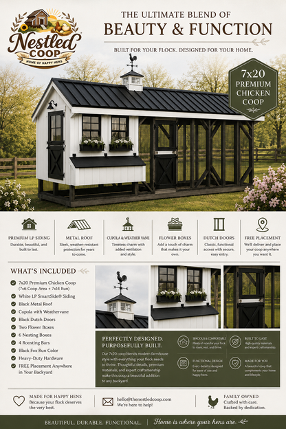 Premium feature sheet for 7x20 custom chicken coop showing white LP siding, black metal roof, Dutch doors, flower boxes, cupola, weathervane, and free placement.