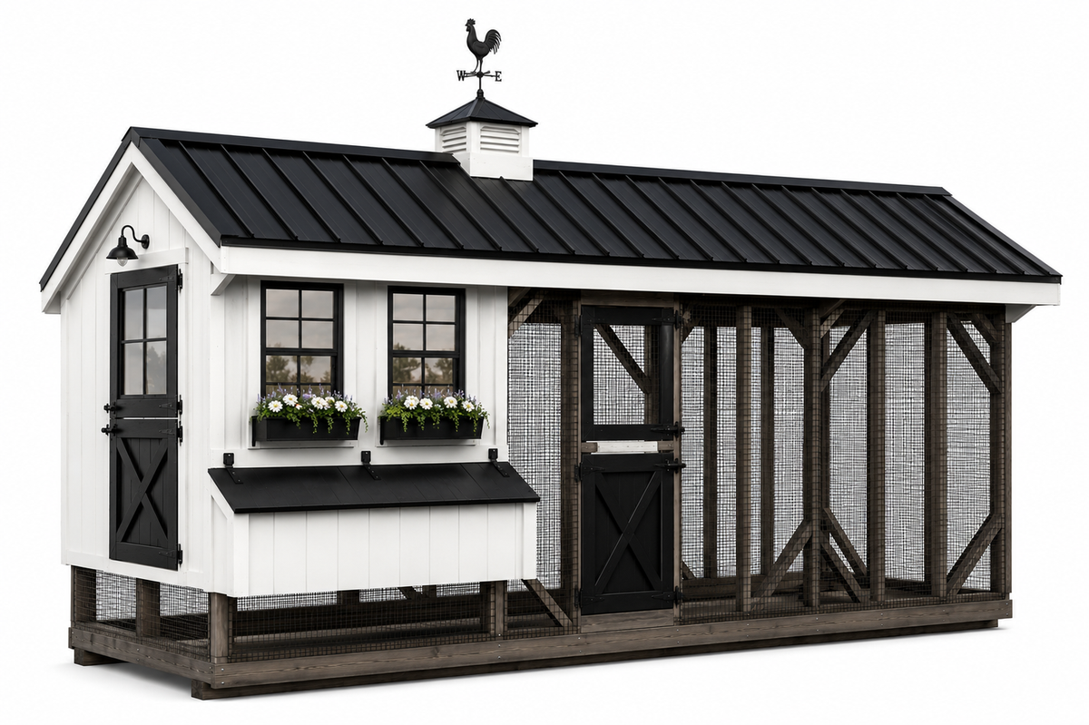 7x20 custom chicken coop with white LP siding, black metal roof, black Dutch doors, flower boxes, cupola, weathervane, and attached wire run.