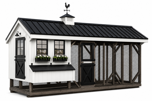 7x20 custom chicken coop with white LP siding, black metal roof, black Dutch doors, flower boxes, cupola, weathervane, and attached wire run.