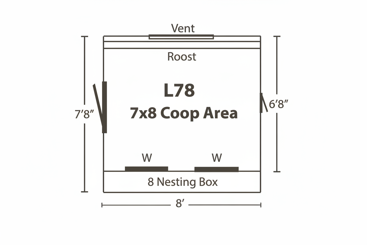 Detailed blueprint and floor plan for the 7x8 Lean-To Chicken Coop. The layout illustrates the 7'x8' interior footprint, showing the placement of 8 integrated nesting boxes, the long roosting bars, and the location of the 30-inch wide human entry door. Dimensions indicate a peak height of 101 inches sloping down to 79 inches, providing a full walk-in interior. The diagram also marks the positions of the 18"x24" windows and the chicken access door for easy flock flow management.