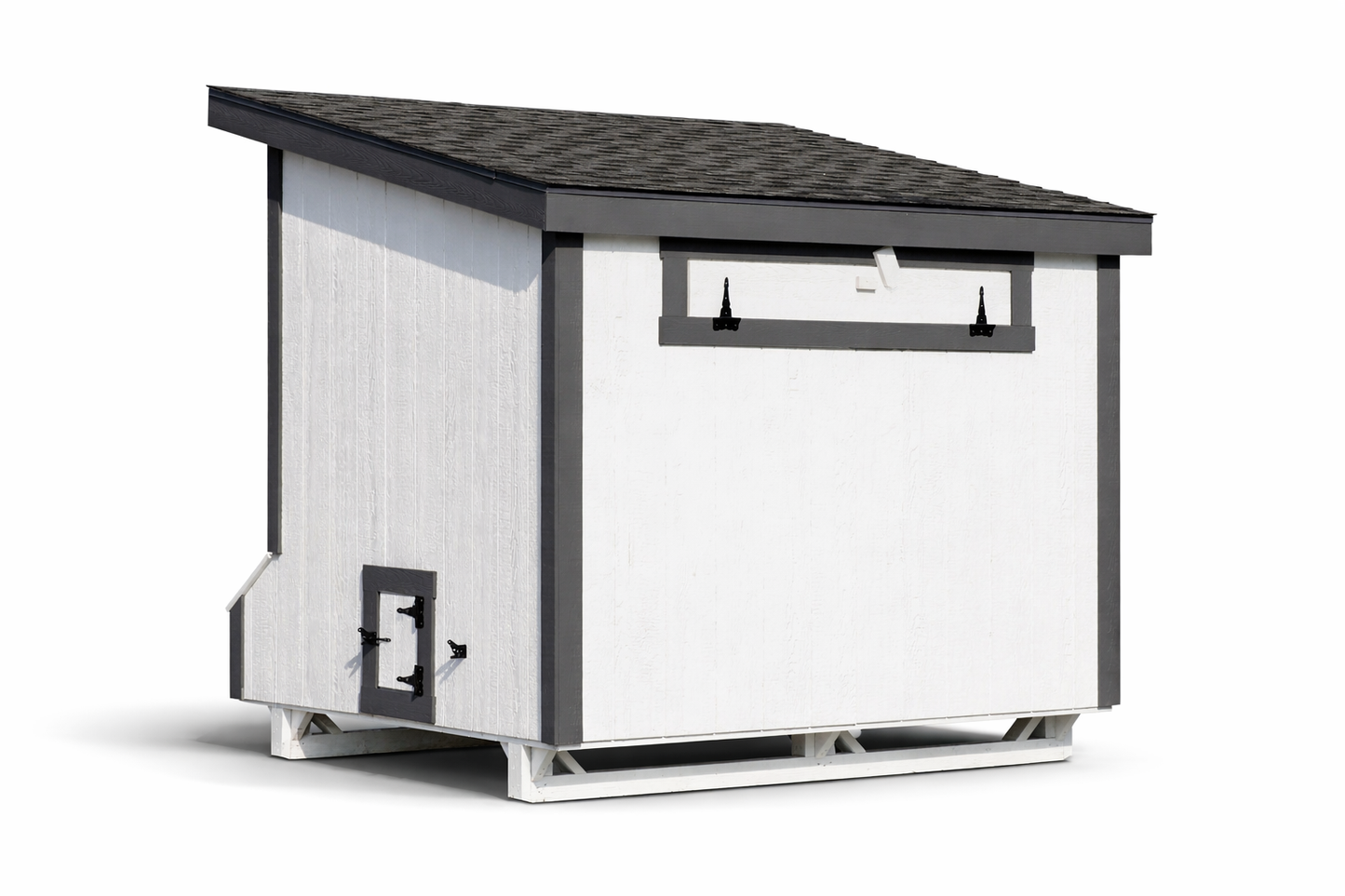 Rear exterior view of a 7x8 Amish-built Lean-To chicken coop in white with charcoal gray trim and a slanted asphalt shingle roof.