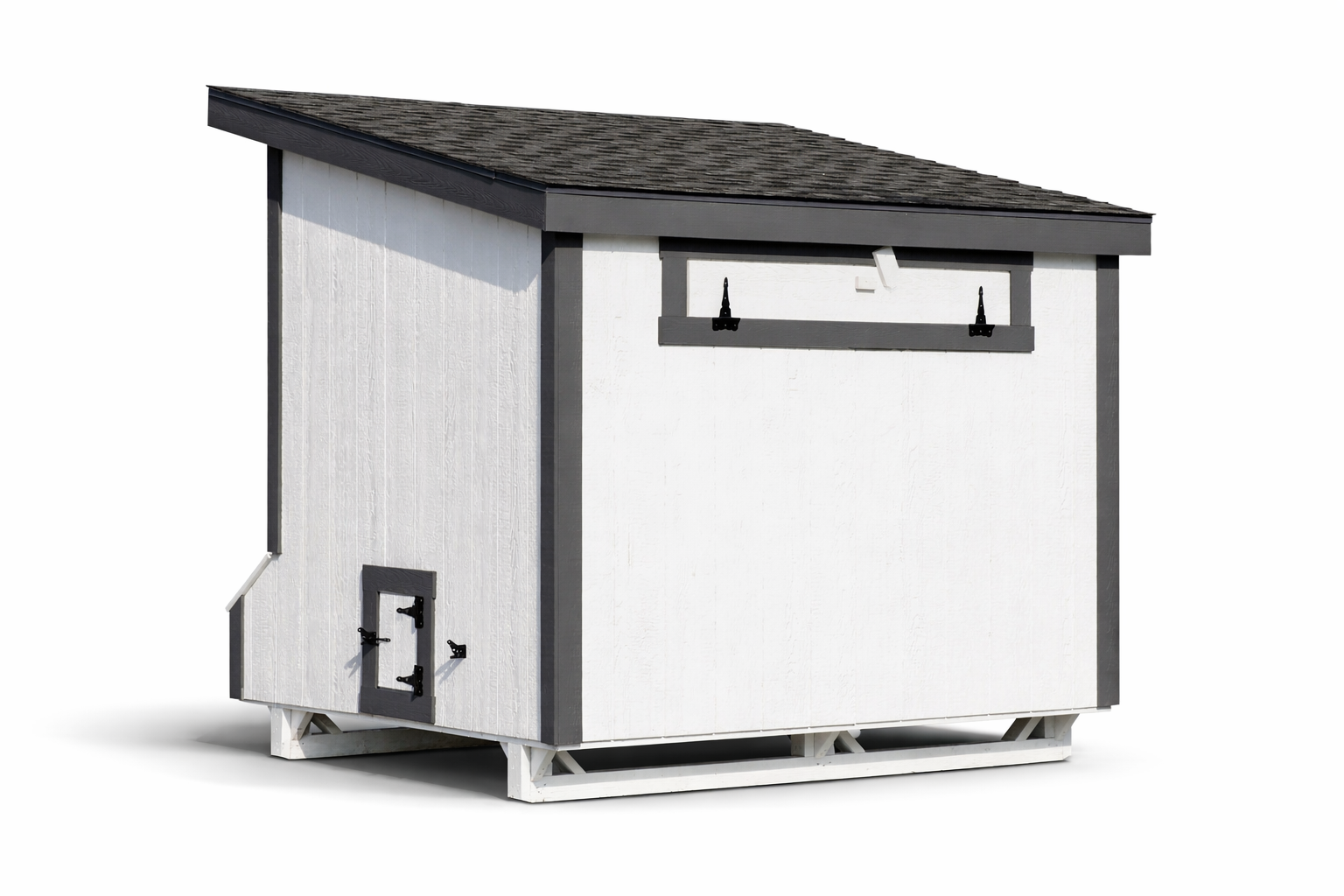 Rear exterior view of a 7x8 Amish-built Lean-To chicken coop in white with charcoal gray trim and a slanted asphalt shingle roof.