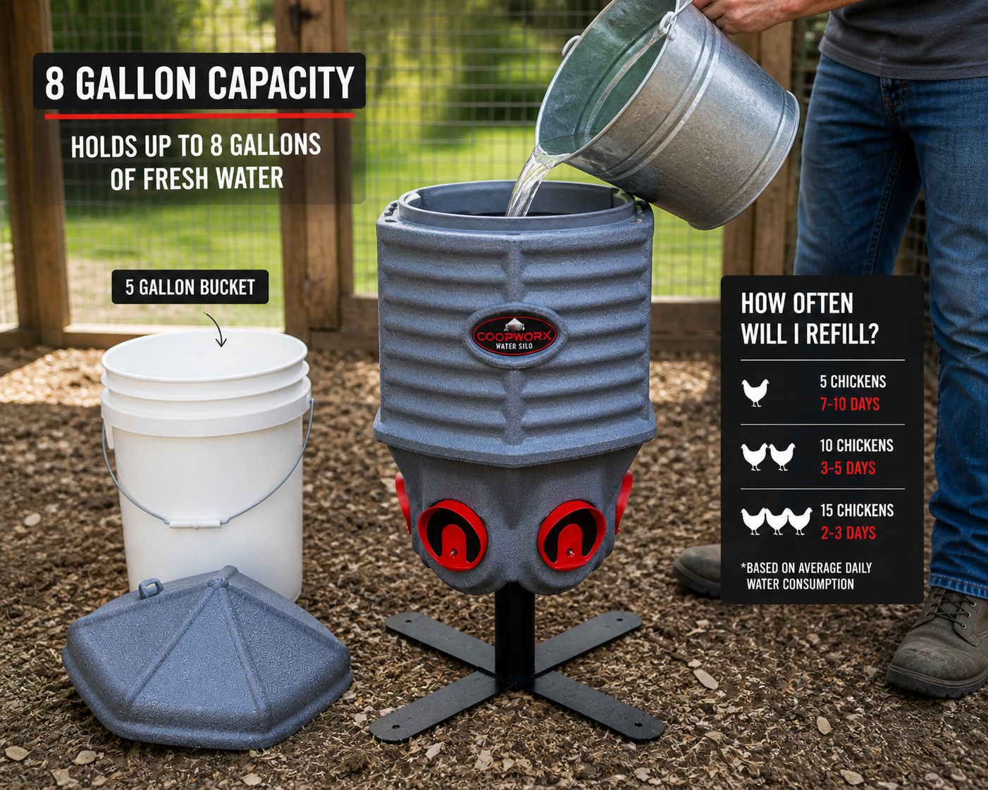Person refilling 8 gallon chicken water silo showing large capacity poultry watering system and reduced refill frequency