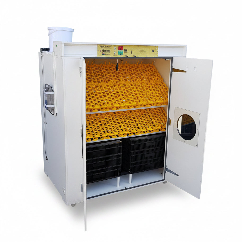 Incubator with open door showing yellow trays and black drawers on a white background